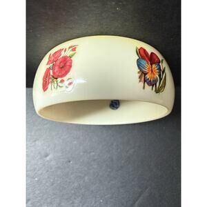 Vintage Lucite Flower Wide Bangle Bracelet Made In West Germany Ivory Retro